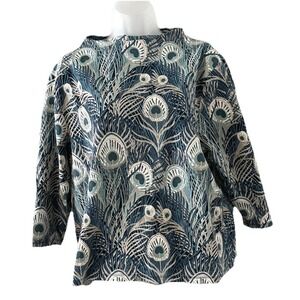 Talbots Bateau Neck Peacock Print Top‎ Womens Plus Size 2X Cotton Blend Stretch